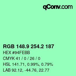 カラーコード: RGB 148.9 254.2 187 | qconv.com