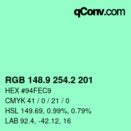 カラーコード: RGB 148.9 254.2 201 | qconv.com