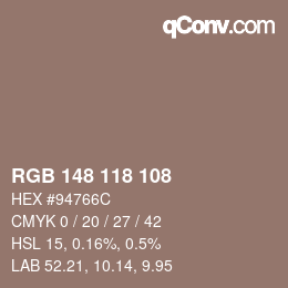 颜色代码: RGBA 148 118 108 1 | qconv.com