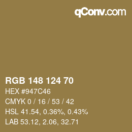 Color code: RGB 148 124 70 | qconv.com