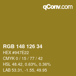 Color code: RGB 148 126 34 | qconv.com