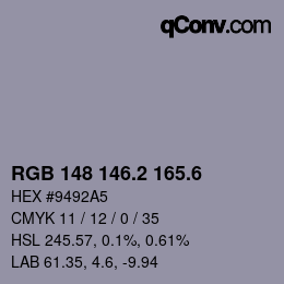 カラーコード: RGB 148 146.2 165.6 | qconv.com