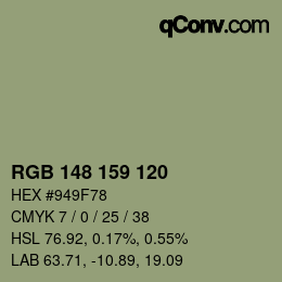 Color code: RGB 148 159 120 | qconv.com