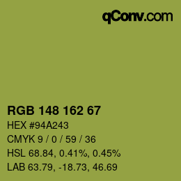 Color code: RGB 148 162 67 | qconv.com