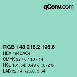 カラーコード: RGB 148 218.2 196.6 | qconv.com