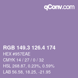 カラーコード: RGB 149.3 126.4 174 | qconv.com