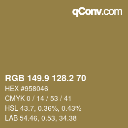 Color code: RGB 149.9 128.2 70 | qconv.com
