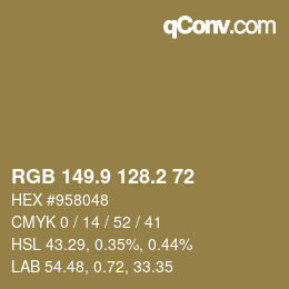 Color code: RGB 149.9 128.2 72 | qconv.com