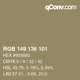 Color code: RGB 149 136 101 | qconv.com
