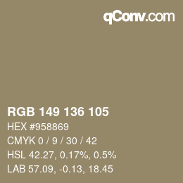 Color code: RGB 149 136 105 | qconv.com
