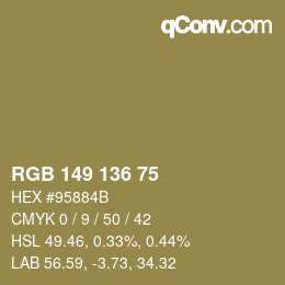 Color code: RGB 149 136 75 | qconv.com