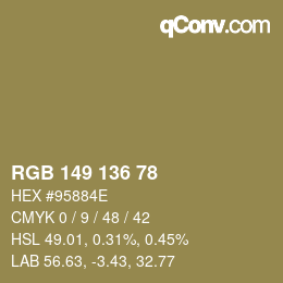 Color code: RGB 149 136 78 | qconv.com