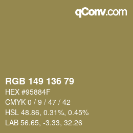 Color code: RGB 149 136 79 | qconv.com