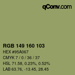 Color code: RGB 149 160 103 | qconv.com