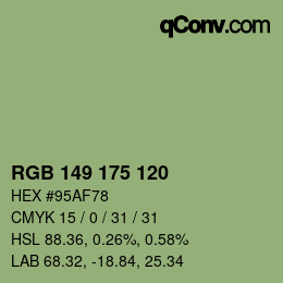 Color code: RGB 149 175 120 | qconv.com