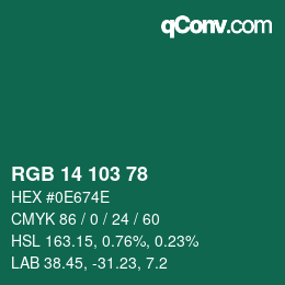 カラーコード: RGB 14 103 78 | qconv.com
