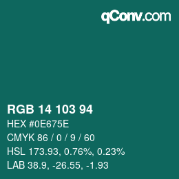 カラーコード: RGB 14 103 94 | qconv.com