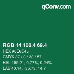カラーコード: RGB 14 108.4 69.4 | qconv.com