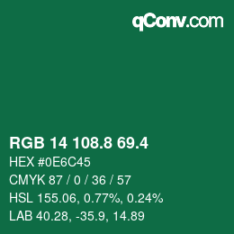 カラーコード: RGB 14 108.8 69.4 | qconv.com