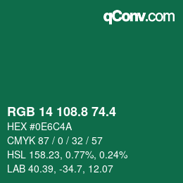 カラーコード: RGB 14 108.8 74.4 | qconv.com