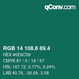 カラーコード: RGB 14 108.8 89.4 | qconv.com