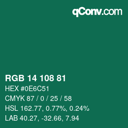 カラーコード: RGB 14 108 81 | qconv.com