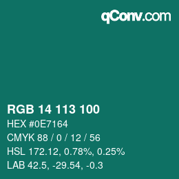 カラーコード: RGB 14 113 100 | qconv.com