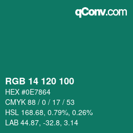 颜色代码: RGB 14 120 100 | qconv.com