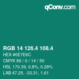カラーコード: RGB 14 126.4 108.4 | qconv.com