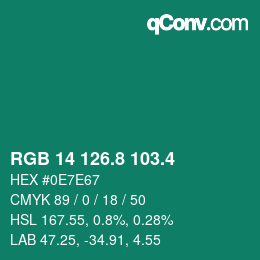 カラーコード: RGB 14 126.8 103.4 | qconv.com
