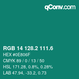 カラーコード: RGB 14 128.2 111.6 | qconv.com
