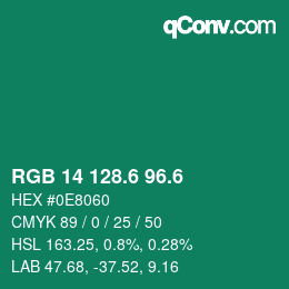 カラーコード: RGB 14 128.6 96.6 | qconv.com