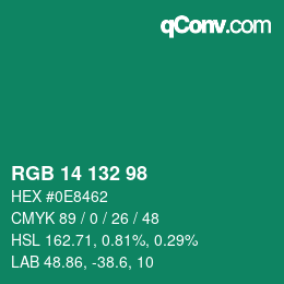 カラーコード: RGB 14 132 98 | qconv.com