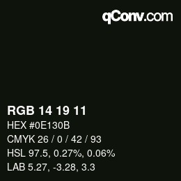 Color code: RGB 14 19 11 | qconv.com