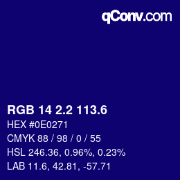 カラーコード: RGB 14 2.2 113.6 | qconv.com