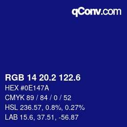 カラーコード: RGB 14 20.2 122.6 | qconv.com
