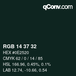 颜色代码: RGB 14 37 32 | qconv.com