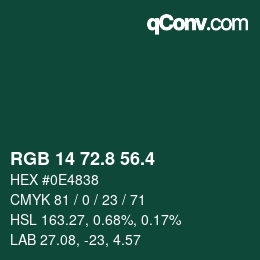 カラーコード: RGB 14 72.8 56.4 | qconv.com