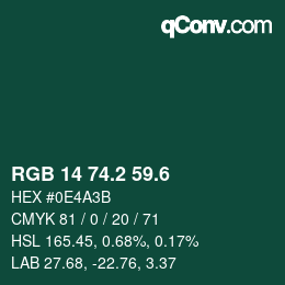 カラーコード: RGB 14 74.2 59.6 | qconv.com