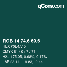 カラーコード: RGB 14 74.6 69.6 | qconv.com
