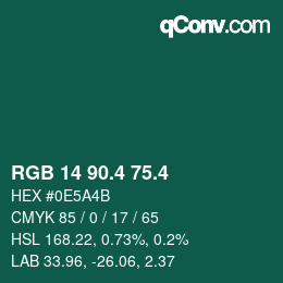 カラーコード: RGB 14 90.4 75.4 | qconv.com