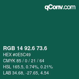 カラーコード: RGB 14 92.6 73.6 | qconv.com