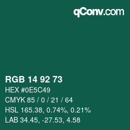 カラーコード: RGB 14 92 73 | qconv.com