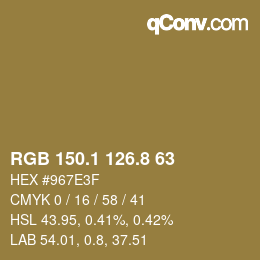 Color code: RGB 150.1 126.8 63 | qconv.com
