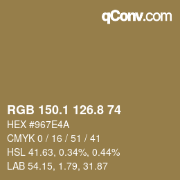 Color code: RGB 150.1 126.8 74 | qconv.com