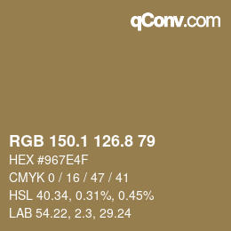 Color code: RGB 150.1 126.8 79 | qconv.com