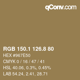Color code: RGB 150.1 126.8 80 | qconv.com