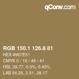 Color code: RGB 150.1 126.8 81 | qconv.com