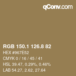 Color code: RGB 150.1 126.8 82 | qconv.com