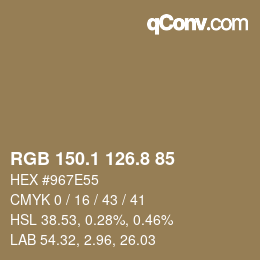 Color code: RGB 150.1 126.8 85 | qconv.com